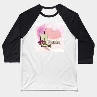 Paris France Pink Roses, Vintage Key and  Love Letters Eiffel Tower Baseball T-Shirt